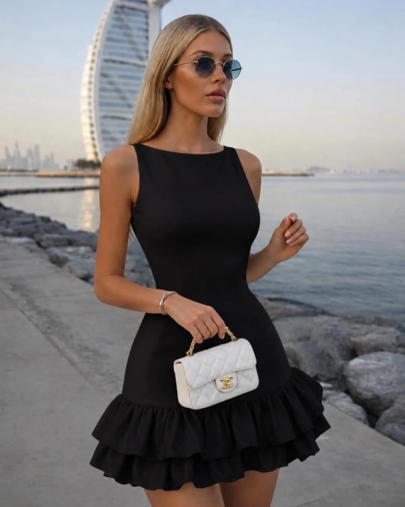 рокля Elysia черен с елегантни волани