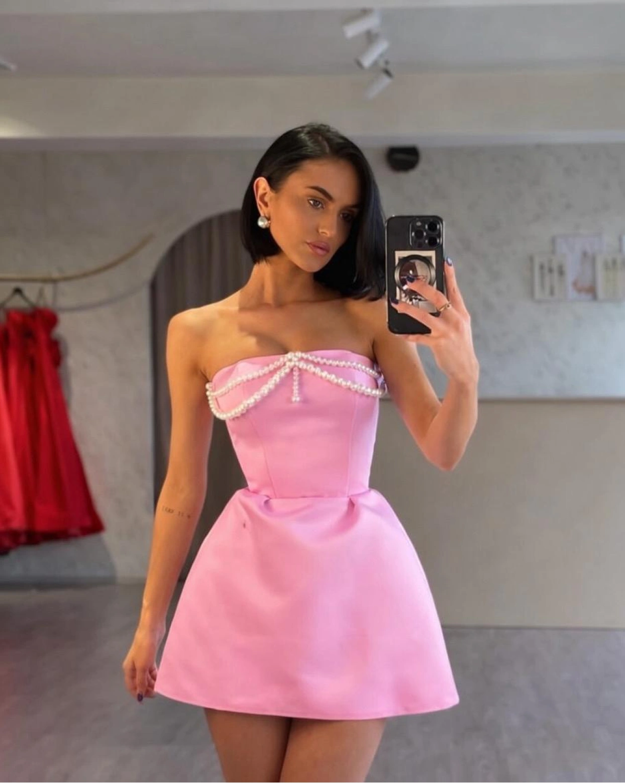 Рокля mini Merra Розова с буфан ръкави